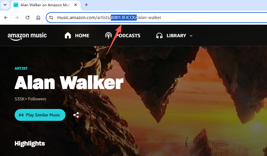 Example Amazon Music artist ID location