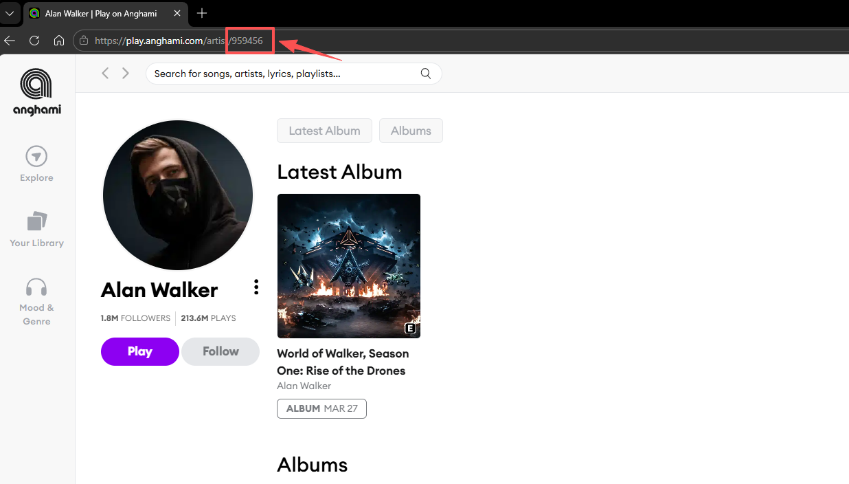 Example Anghami artist ID location