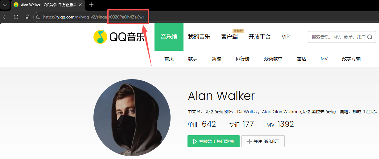 Example Tencent QQ Music artist ID location